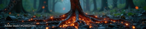 Metal tree roots with glowing tendrils reaching outwards, tree, root, reachin photo