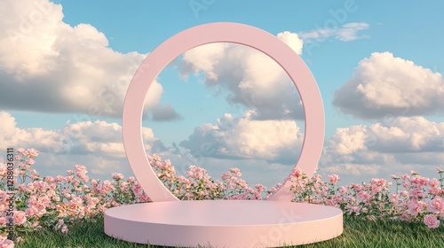 The podium's background showcases a stunning 3D rose product set against a lovely spring table display, highlighting the beauty of nature with pink and white flowers