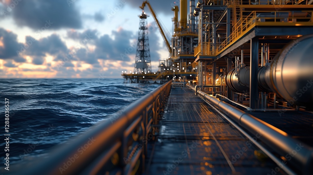 Industrial Oil Rig at Dusk Surrounded by Waves and Machinery in the Energy Sector with Technology Infrastructure Industrial Oil Rig at Dusk Surrounded by Waves and Machinery in the Energy Sector with Technology Infrastructure