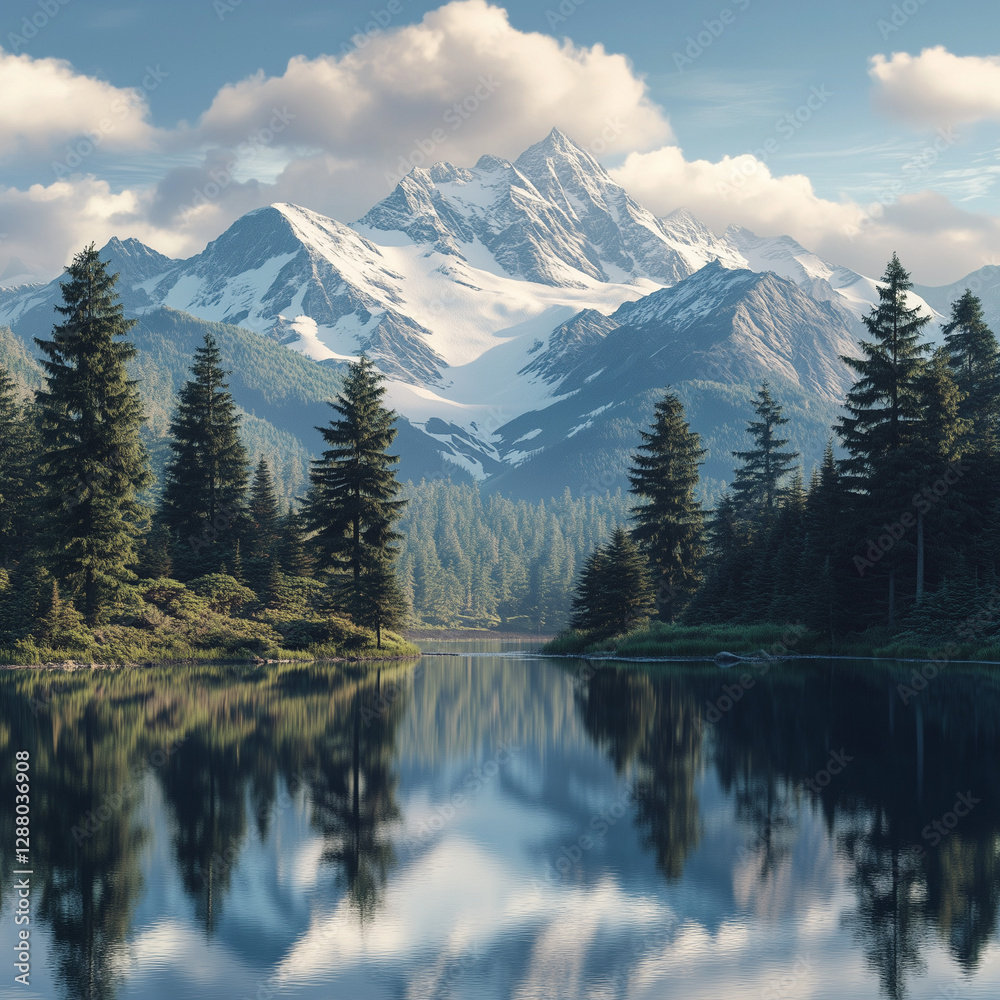 Serene Mountain Landscape with Reflective Lake and Snow-Capped Peaks Serene Mountain Landscape with Reflective Lake and Snow-Capped Peaks