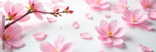 Soft pink cherry blossom petals scattered on a white surface with a few leaves, delicate, white, flowers