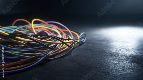 A futuristic cyber sci-fi background featuring empty space, a spotlight, and dark night, created with 3D technology, incorporating abstract neon lights, virtual reality elements, and a colored