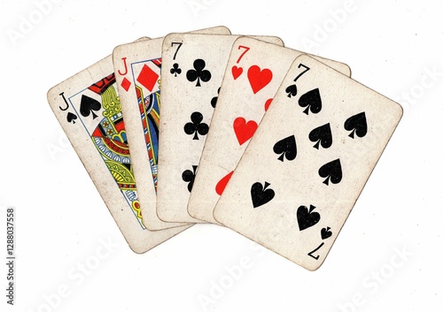 A poker hand of old, grubby playing cards on a white background.