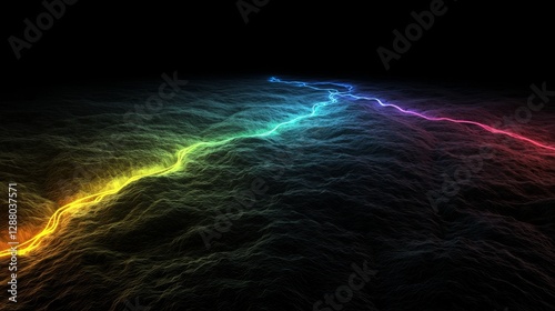 The scene depicts a dark and empty space with a spotlight, set against a futuristic sci-fi background of abstract neon lights, colored geometric patterns, and a virtual reality-inspired street floor