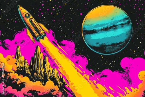 A drawing style illustration of a retro futuristic science fiction landscape, complete with mountains and an alien sun, has been generated by AI as a stock image