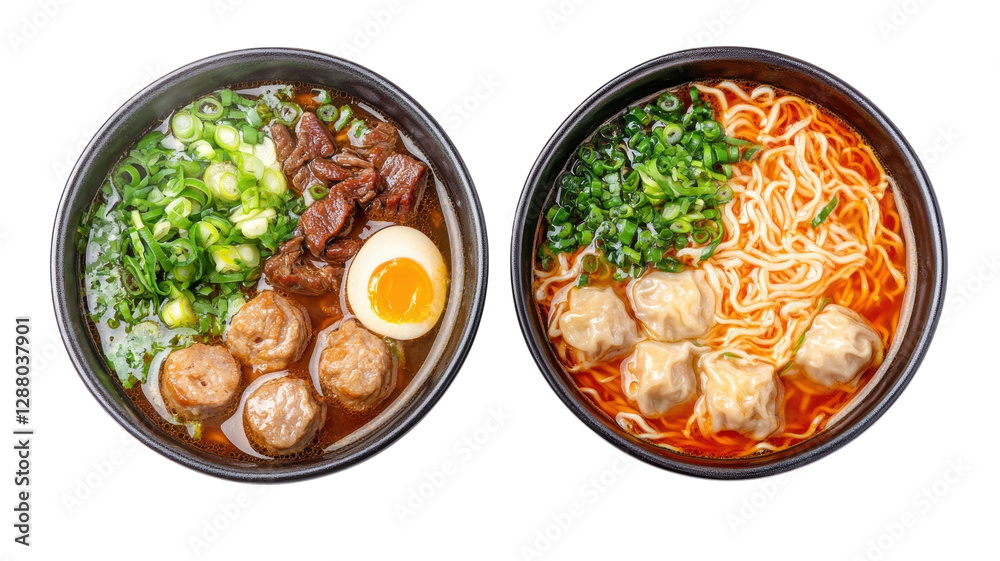 Delicious bowls of noodles with beef, egg, and dumplings in vibrant broth served on a white background