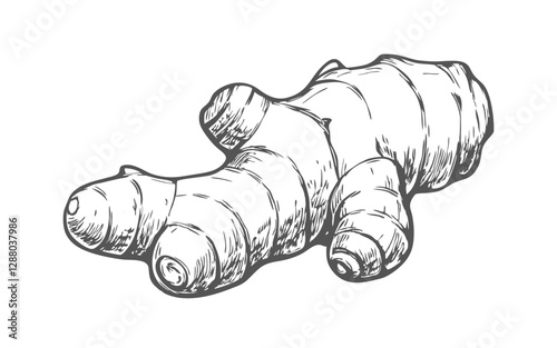 Hand-drawn sketch of turmeric root in a detailed line art style. Perfect for botanical illustrations, wellness products, herbal packaging, labels, and nature-inspired designs.