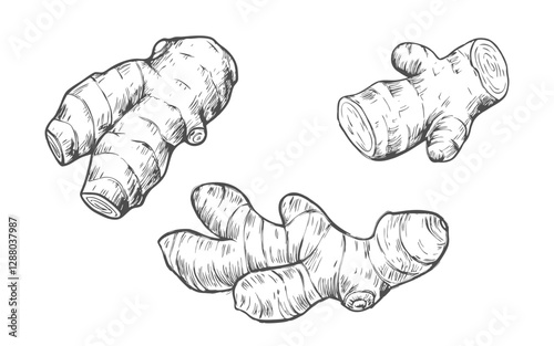 Hand-drawn sketch of turmeric root in a detailed line art style. Perfect for botanical illustrations, wellness products, herbal packaging, labels, and nature-inspired designs.