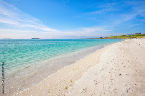Bonnie Prince Charlie's beach on the Isle of Eriskay in Scotland with turquoise sea and sandy shore