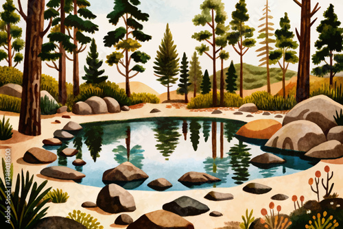 beautiful pond in the green natural forest with trees and stones