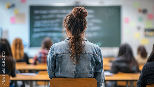young woman sits in classroom