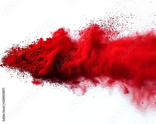 Vibrant red holi powder color explodes in a festive burst against a pristine white backdrop, embodying an industrial print concept