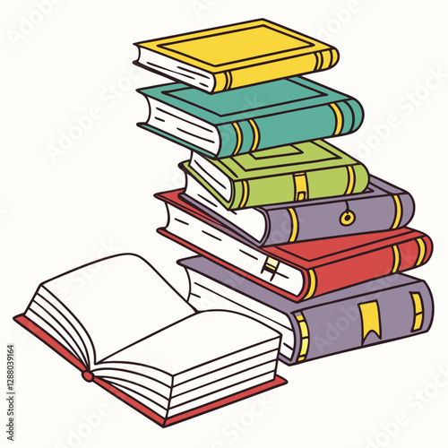 Colorful Stack of Books with Open Book Illustration