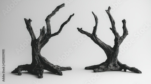 Studio shot, two dark, gnarled tree stumps, minimalist background, decor