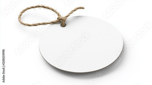 Blank round paper tag with string isolated on white background, perfect for branding or price label design. photo