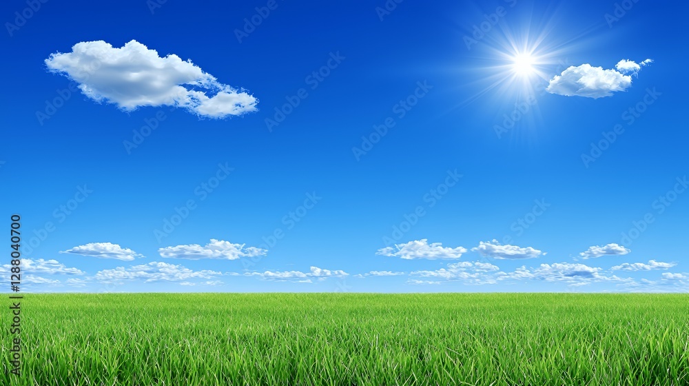 Naklejka premium Bright Sunny Day Landscape with Lush Green Field and Blue Sky