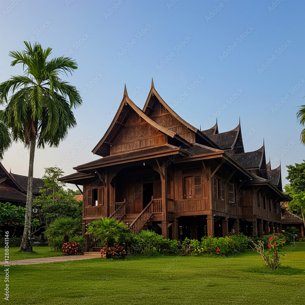 Traditional Malay Wooden House with Lush Greenery Traditional Malay Wooden House with Lush Greenery