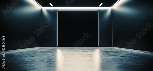 A futuristic setting featuring sci-fi, cyber, and modern elements with neon, laser, and electric blue lights in a barn, garage, parking tunnel, corridor, underground asphalt, and concrete warehouse