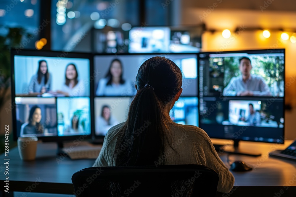 A team collaborating remotely via video conference, multiple screens showing different people from various locations, engaged in discussion. A team collaborating remotely via video conference, multiple screens showing different people from various locations, engaged in discussion.