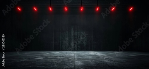 A 3D rendering of a futuristic sci-fi environment features cyber neon laser lights, white and orange hues, metal stripes, and glossy textures, set against the backdrop of a modern barn, garage,