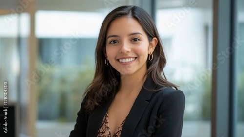 Hispanic young female professional smiling in modern office environment