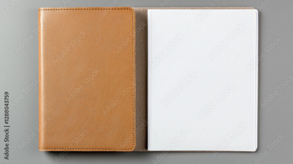 Fototapeta premium Brown leather notebook next to an open blank page on a gray background.