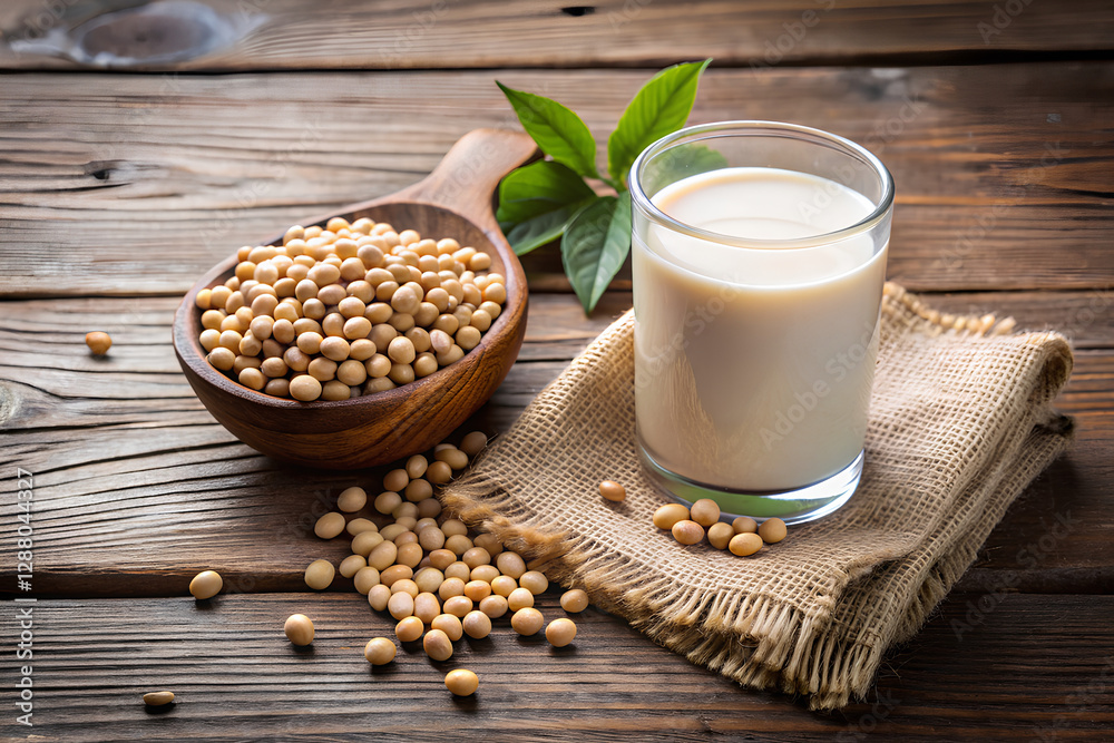 Fresh soybeans and soy milk on a rustic wooden table Fresh soybeans and soy milk on a rustic wooden table