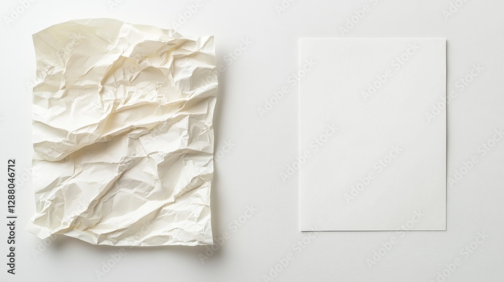 Crumpled paper vs smooth sheet on desk. Creative concept for ideas and innovation, showing contrast and progress in design. Crumpled paper vs smooth sheet on desk. Creative concept for ideas and innovation, showing contrast and progress in design.