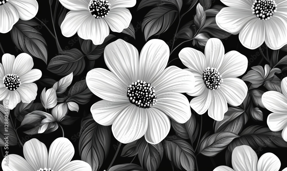 Black and white floral pattern featuring large anemone flowers and leaves Black and white floral pattern featuring large anemone flowers and leaves