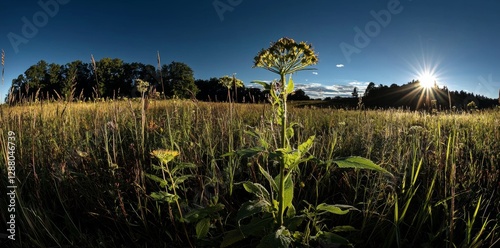 The warm summer sunset casts a glow over the beautiful natural panoramic countryside landscape, where wild high grass blooms, creating a serene pastoral scenery with selective focusing