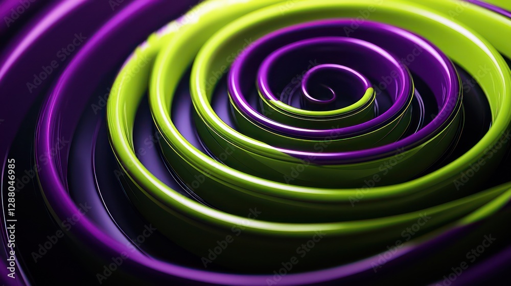 Detailed 3D spiral in lime and violet, with dark abstract shapes and luxurious textures. Detailed 3D spiral in lime and violet, with dark abstract shapes and luxurious textures.