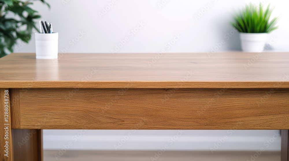 Minimalist wooden desk with plants - modern workspace design Minimalist wooden desk with plants - modern workspace design
