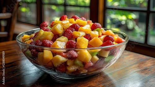 Tropical fruit salad bowl, sunlit kitchen