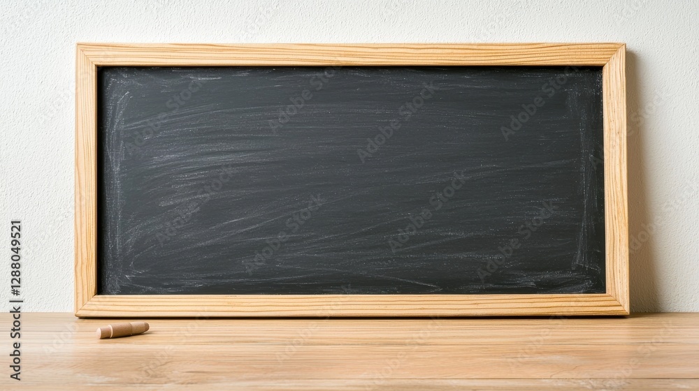 Empty chalkboard with wooden frame on wooden table background, ideal for text or design. Empty chalkboard with wooden frame on wooden table background, ideal for text or design.