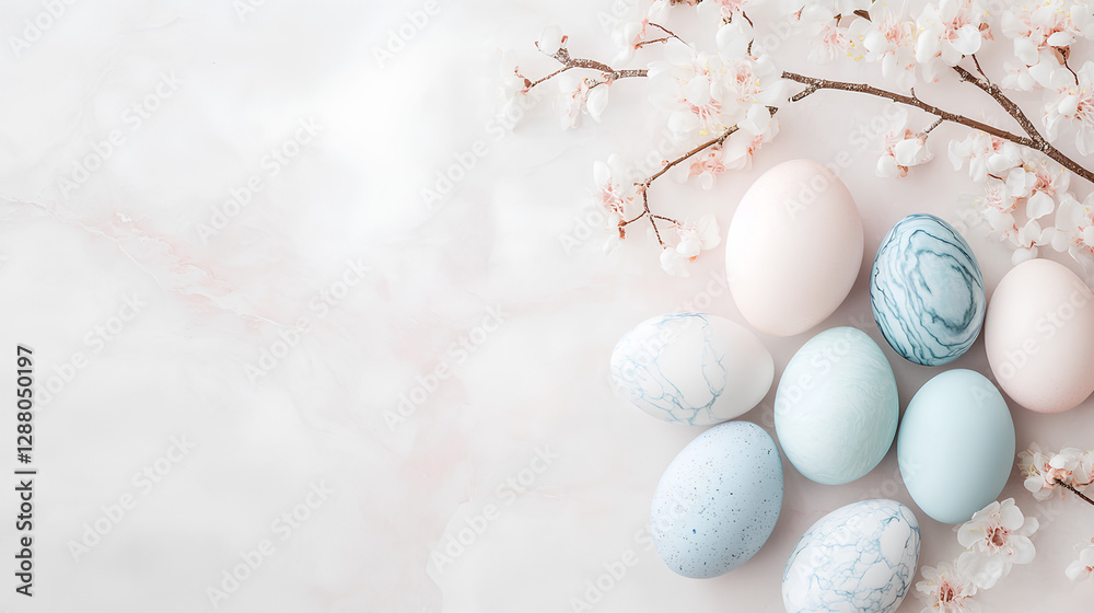 Fototapeta premium Pastel-colored Easter eggs with marble patterns arranged on a soft pink background, decorated with delicate cherry blossoms. The composition creates a light and festive spring atmosphere