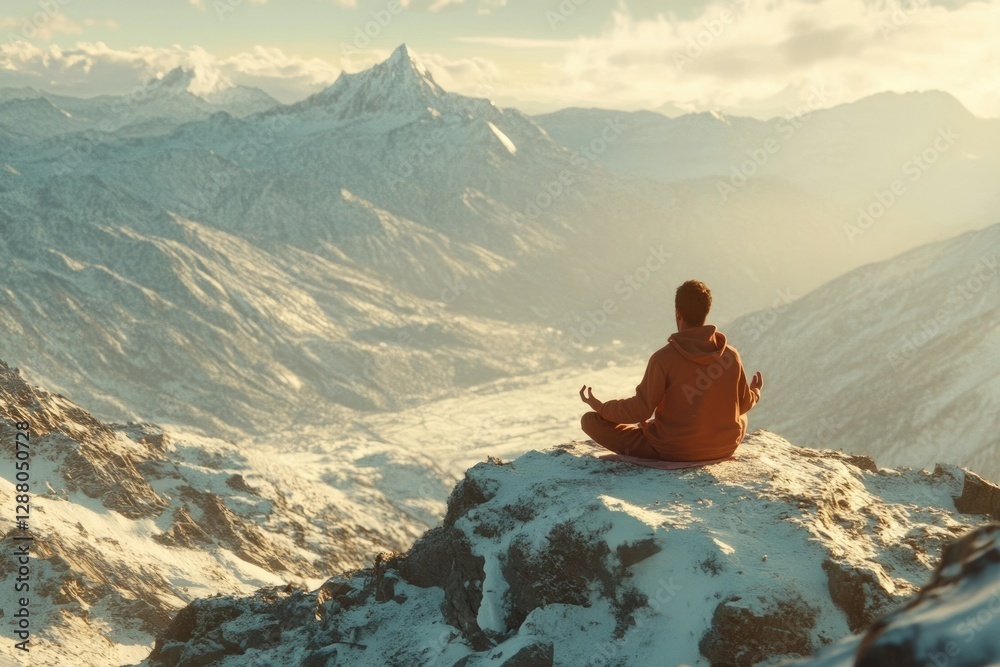 Fototapeta premium A man meditates atop a snow-covered mountain, overlooking a vast, serene landscape.