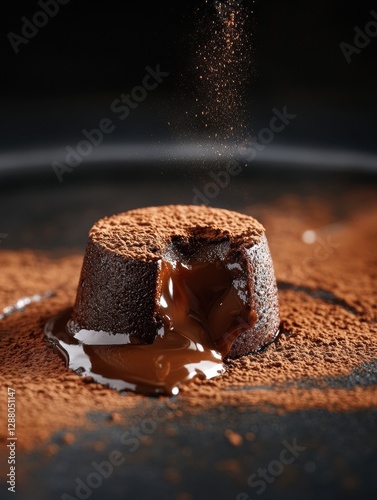 Chocolate lava cake with melting center surrounded by cocoa powder in dark setting