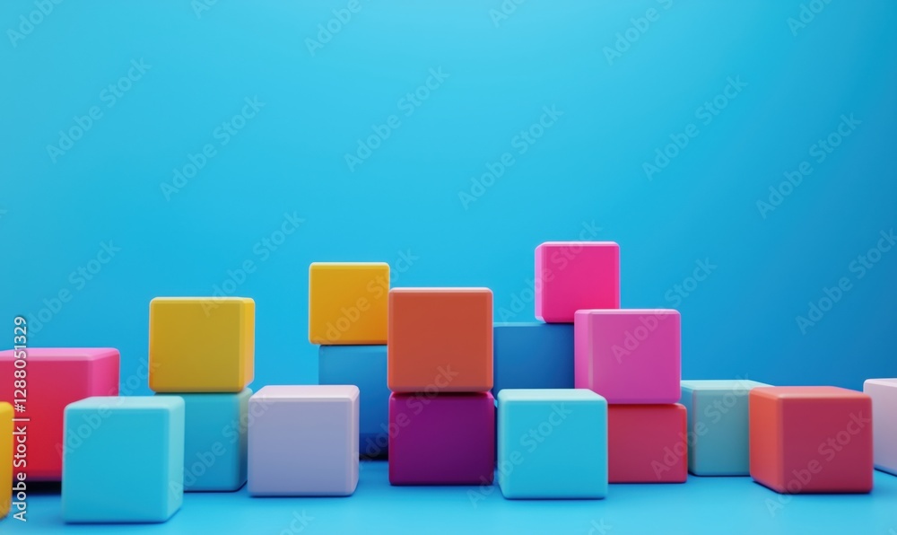 Colorful building blocks arranged playfully on bright blue background Colorful building blocks arranged playfully on bright blue background
