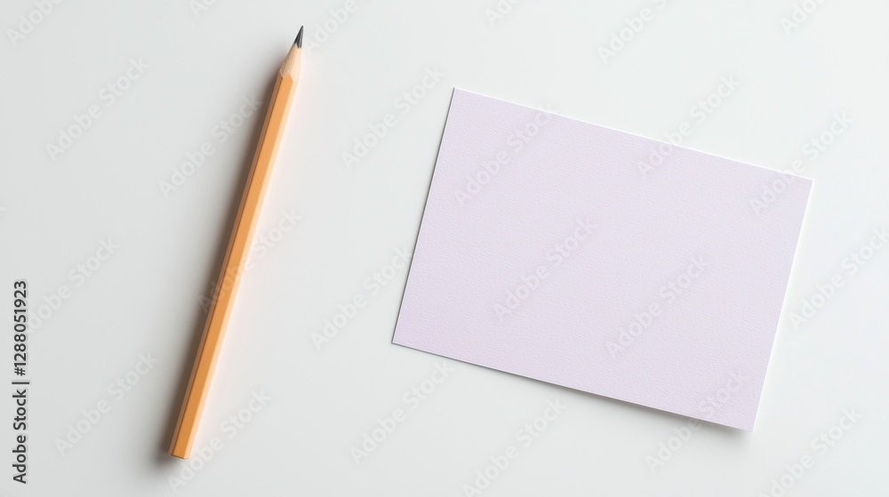 Minimalist composition with pencil and blank card on white background. Perfect for mockups and stationery designs. Minimalist composition with pencil and blank card on white background. Perfect for mockups and stationery designs.