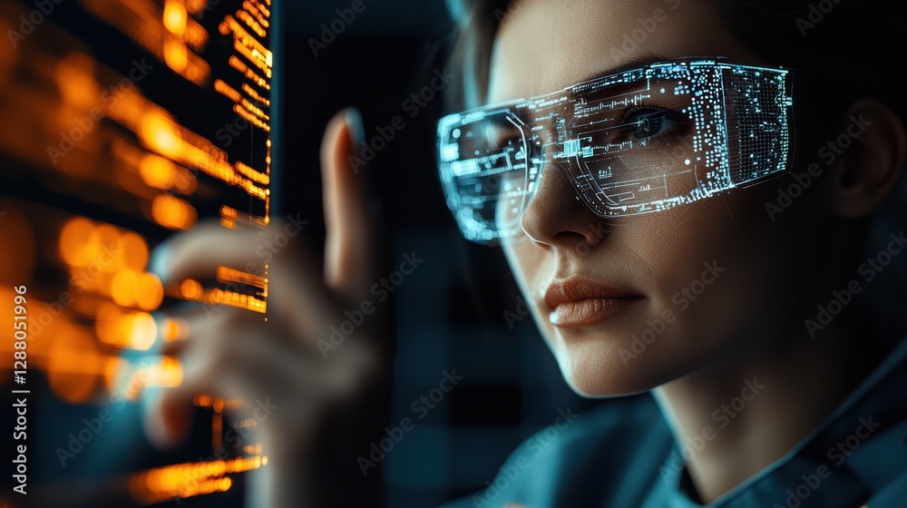 Young caucasian female exploring futuristic holographic interface with digital glasses