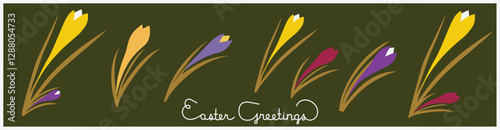 multicolored irises on a green background with the inscription multicolored irises