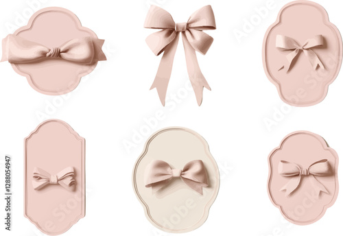A set of elegant pink labels adorned with delicate bows, designed in a dreamy watercolor clipart style.