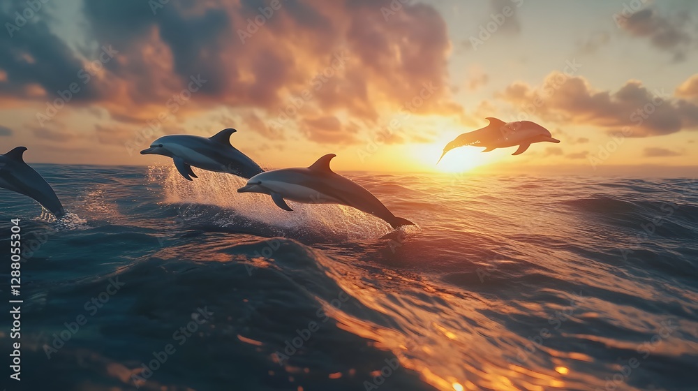 Obraz premium Vibrant sunset over ocean, colorful clouds and sun glowing on horizon, serene landscape perfect for relaxation or inspiration.