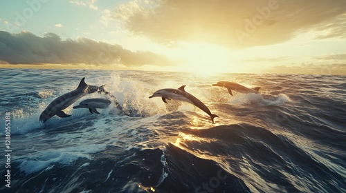 Dolphins leaping through ocean waves, playful marine mammals showcasing agility at sunset, vibrant horizon, serene atmosphere. photo