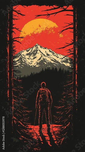 In a poster, a man hiking up a mountain is captured from the rear, sporting a red backpack, with a picturesque sunset unfolding behind him, painting the sky in warm hues of orange and pink, to convey