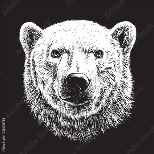 Monochrome portrait of a polar bear looking ahead against a black background