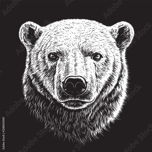 Monochrome portrait of a polar bear looking ahead against a black background
