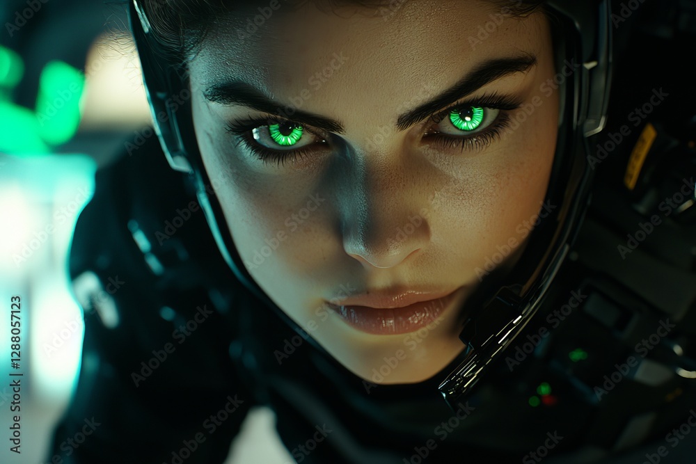 The stock image shows a mysterious woman with eyes that glow and a mask that is futuristic The stock image shows a mysterious woman with eyes that glow and a mask that is futuristic