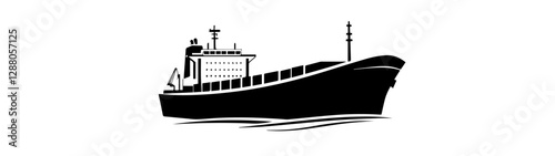 Black and white illustration of a cargo ship.