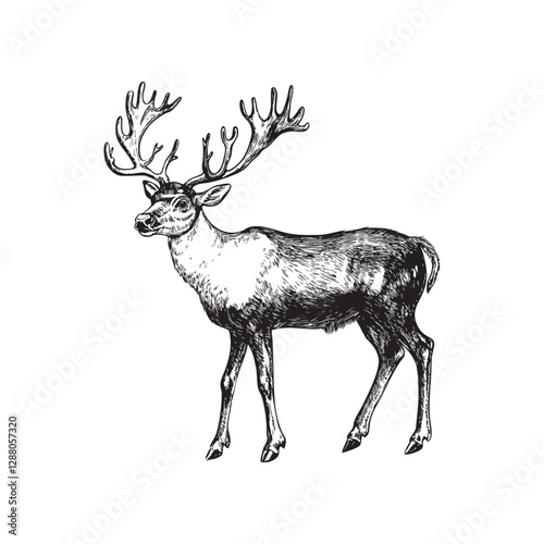 reindeer engraving isolated on white background - deer vector illustrations - hand drawn deer - black and white reindeer isolated on white background